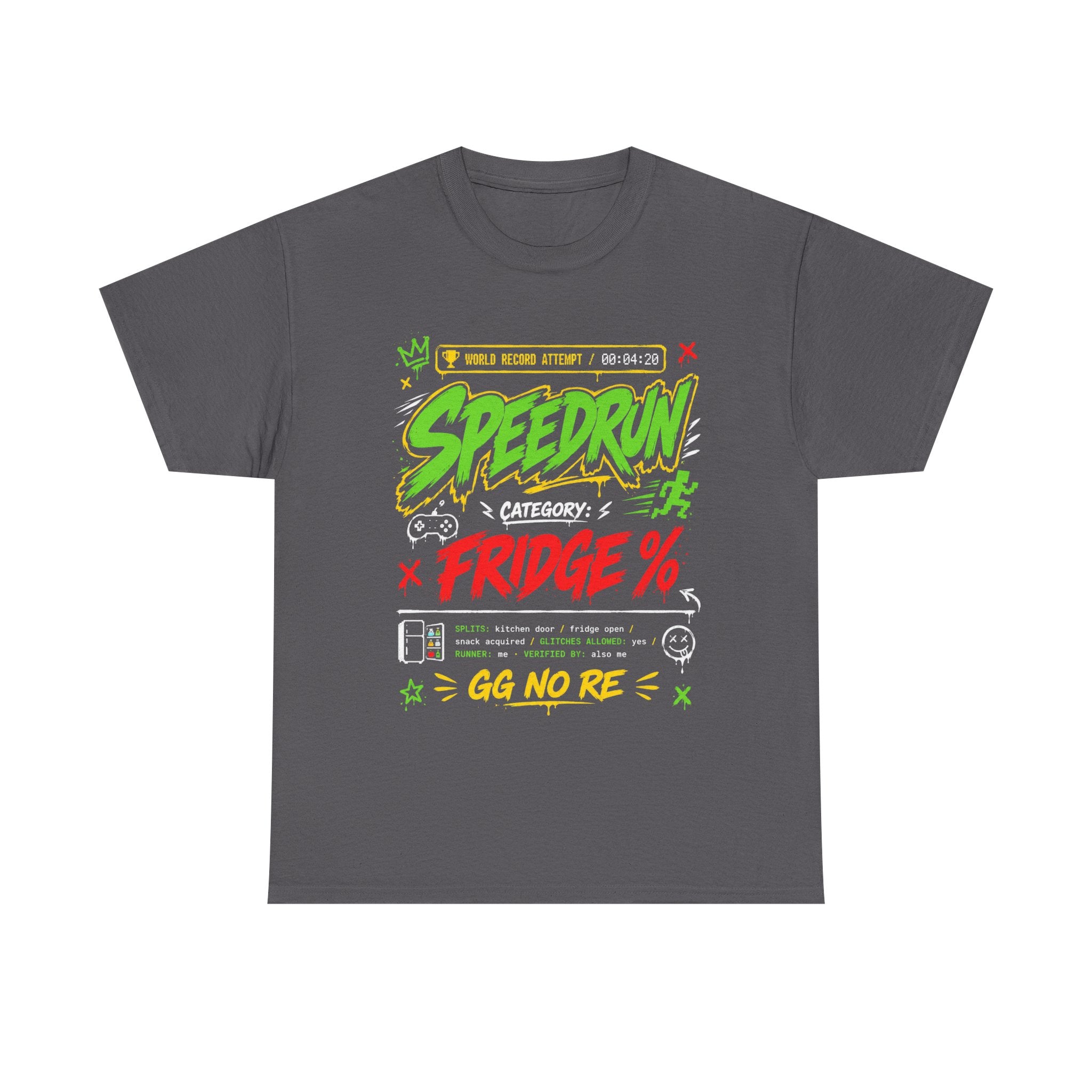 Funny Speedrun Fridge Tee — Gamer Retro Graphic T-Shirt ("Speedrun: Category: Fridge" design)