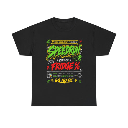 Funny Speedrun Fridge Tee — Gamer Retro Graphic T-Shirt ("Speedrun: Category: Fridge" design)