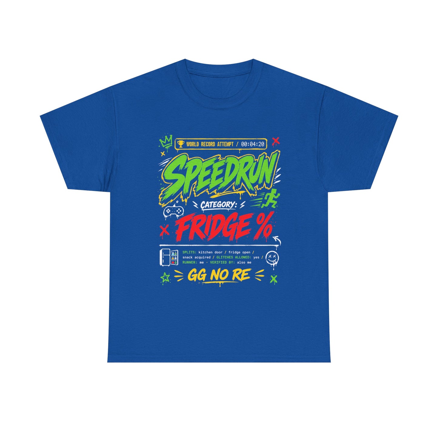 Funny Speedrun Fridge Tee — Gamer Retro Graphic T-Shirt ("Speedrun: Category: Fridge" design)