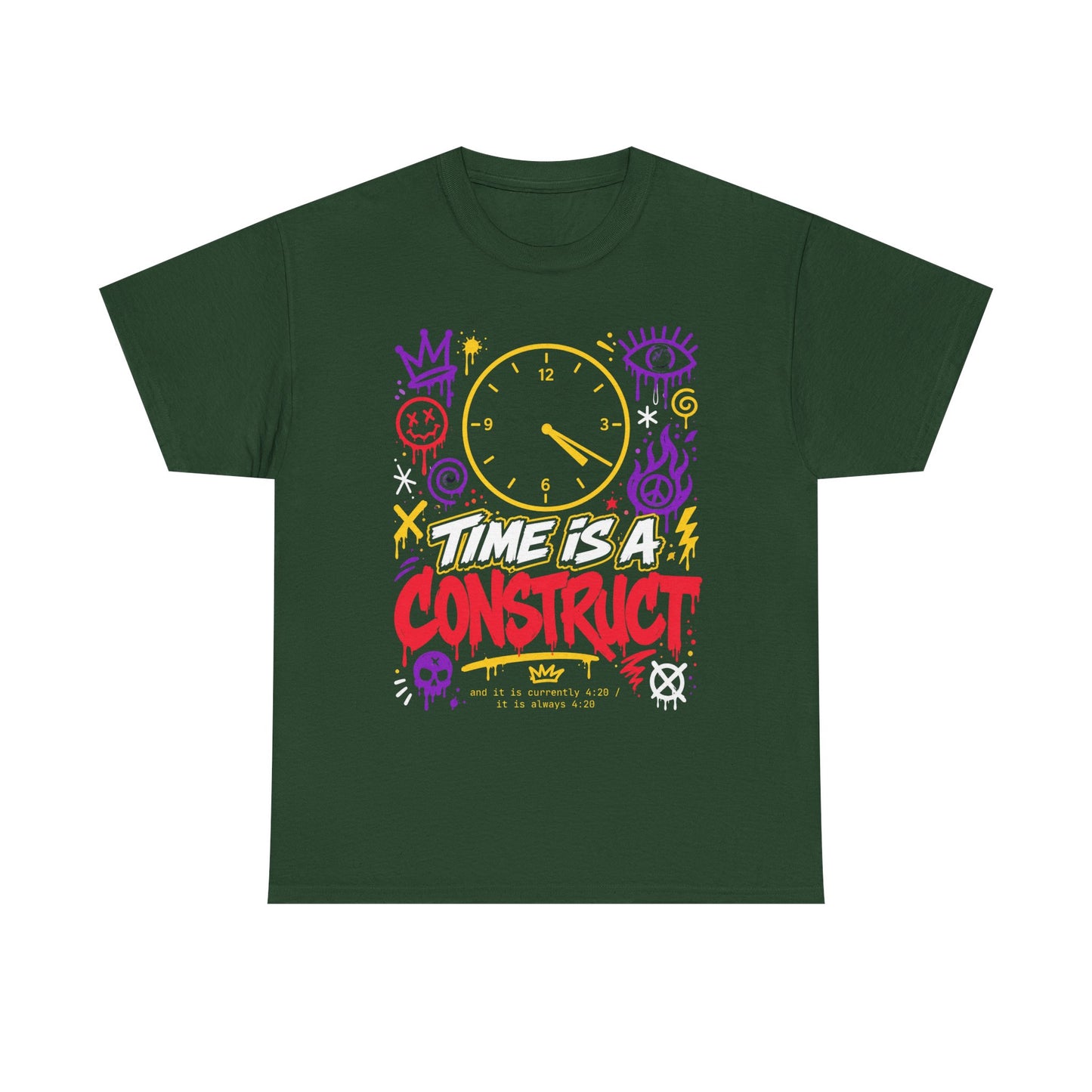 Funny Time Is a Construct Graphic Tee — Retro Neon Clock Streetwear