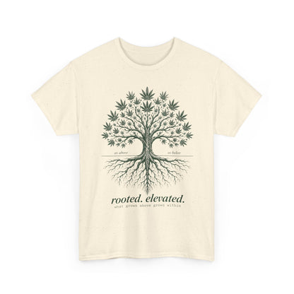 T-Shirt — Rooted Elevated Tree Graphic Tee ("rooted. elevated.")