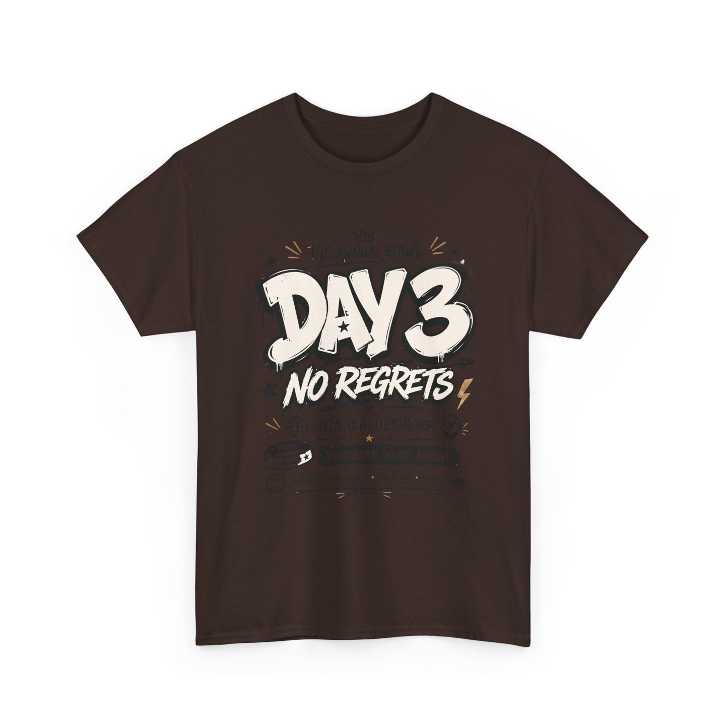 Funny Day 3 No Regrets Tee — Vintage Festival Party Graphic T-Shirt