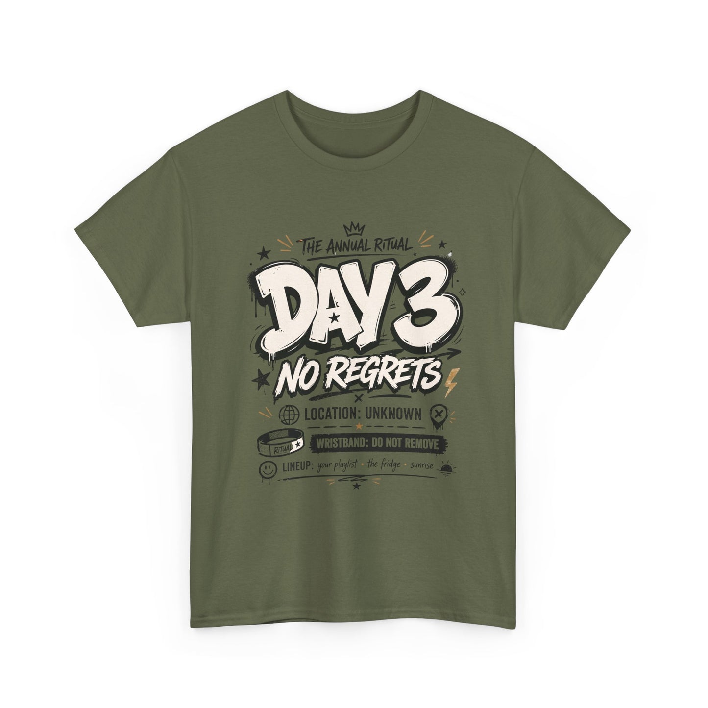 Funny Day 3 No Regrets Tee — Vintage Festival Party Graphic T-Shirt