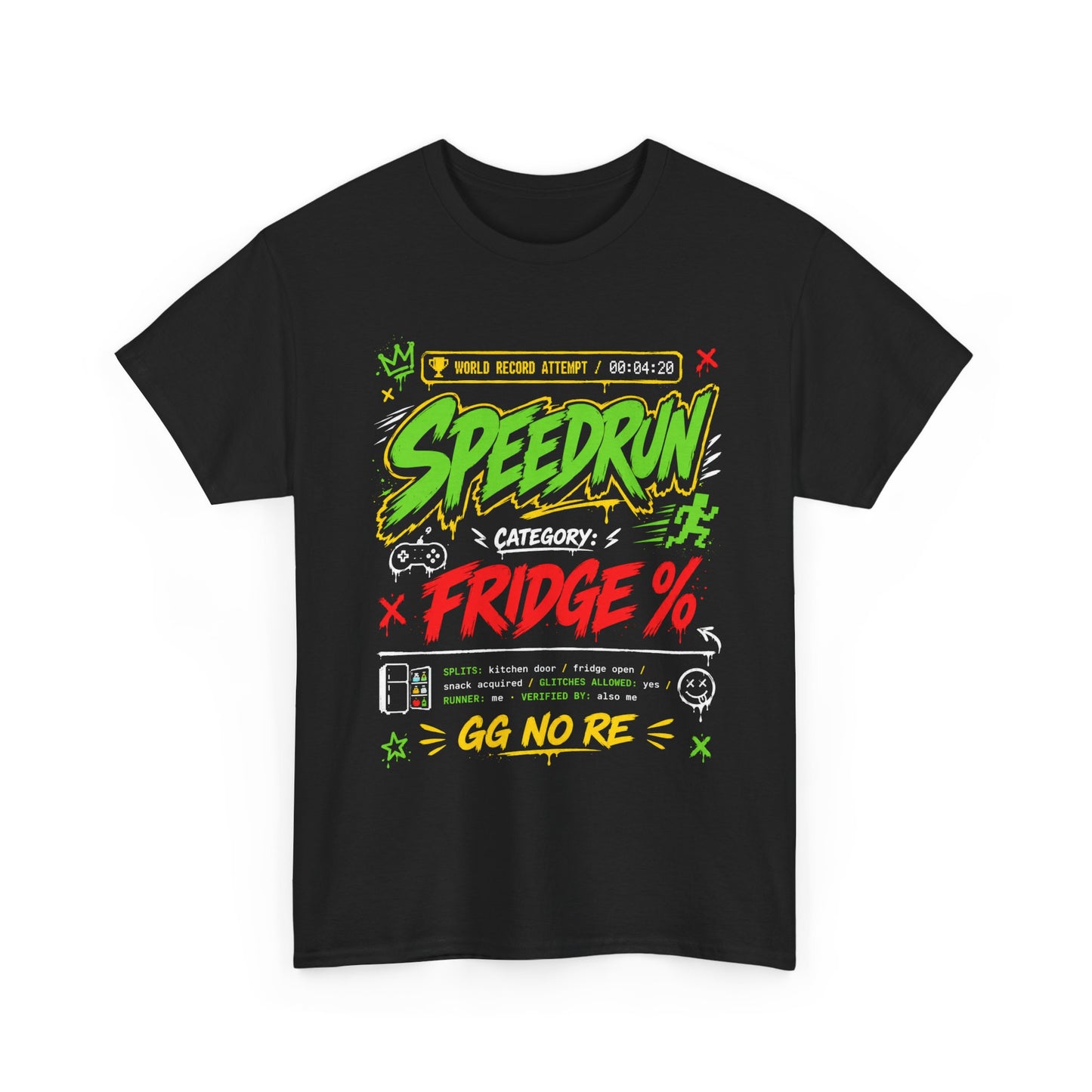 Funny Speedrun Fridge Tee — Gamer Retro Graphic T-Shirt ("Speedrun: Category: Fridge" design)