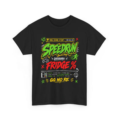 Funny Speedrun Fridge Tee — Gamer Retro Graphic T-Shirt ("Speedrun: Category: Fridge" design)
