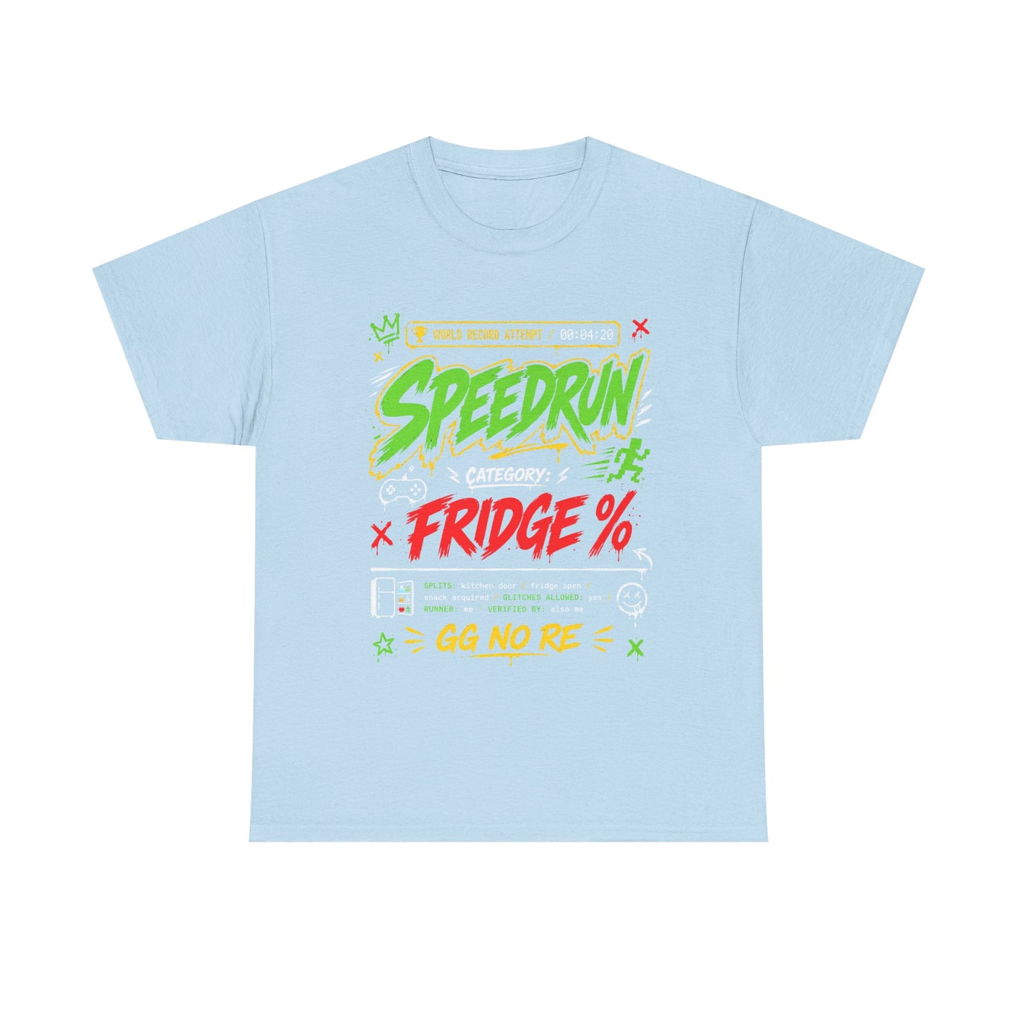 Funny Speedrun Fridge Tee — Gamer Retro Graphic T-Shirt ("Speedrun: Category: Fridge" design)