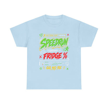 Funny Speedrun Fridge Tee — Gamer Retro Graphic T-Shirt ("Speedrun: Category: Fridge" design)