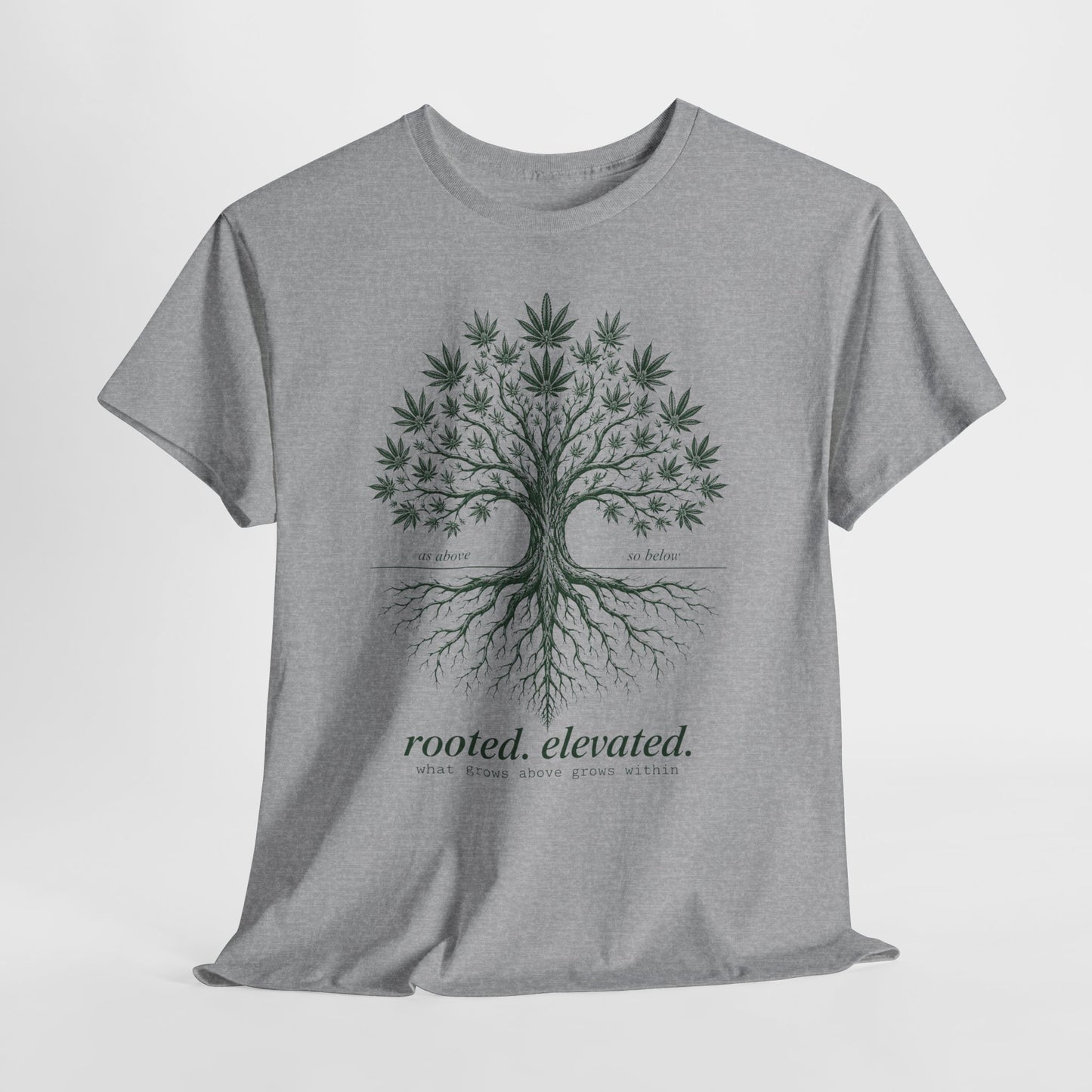 T-Shirt — Rooted Elevated Tree Graphic Tee ("rooted. elevated.")