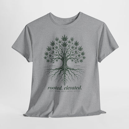 T-Shirt — Rooted Elevated Tree Graphic Tee ("rooted. elevated.")