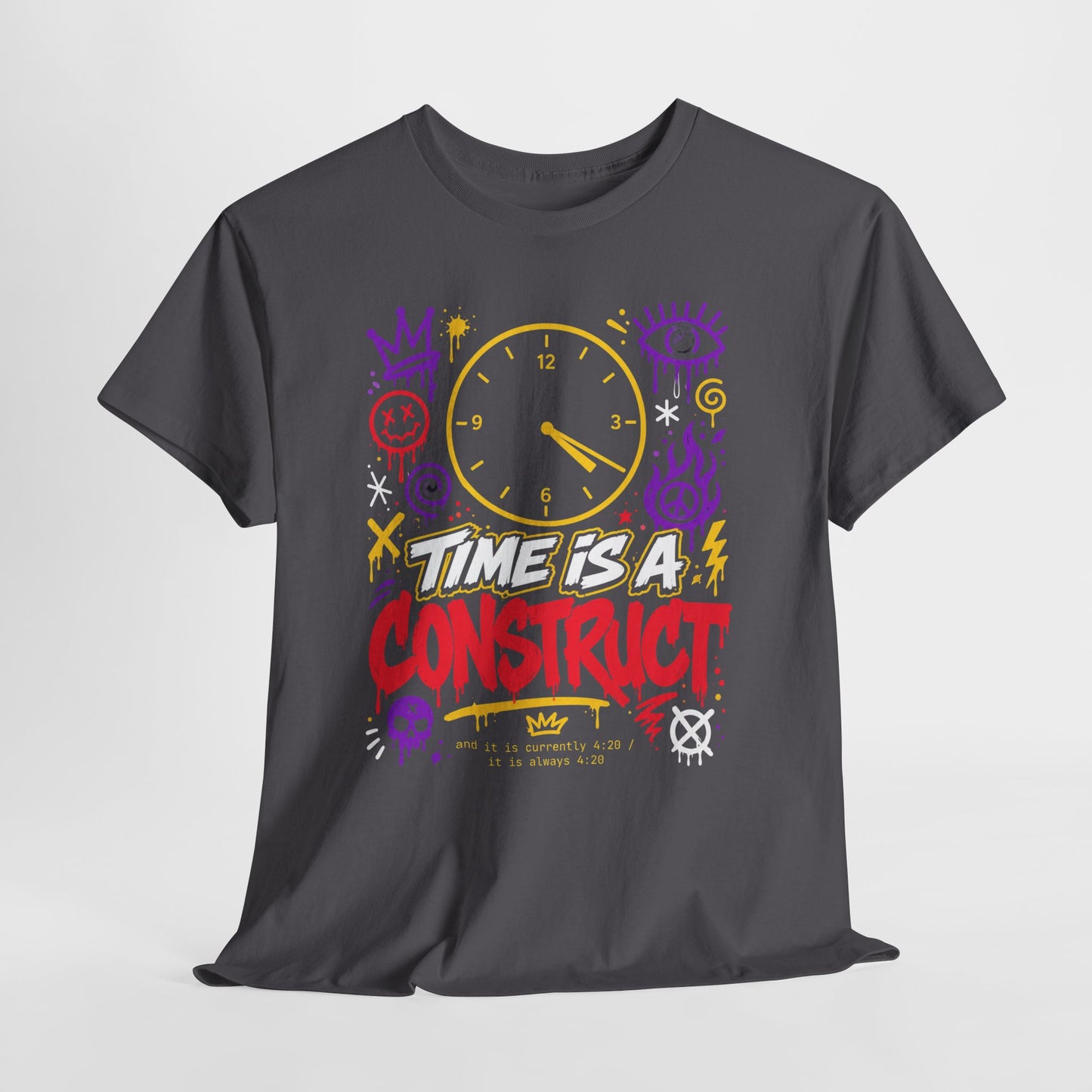 Funny Time Is a Construct Graphic Tee — Retro Neon Clock Streetwear