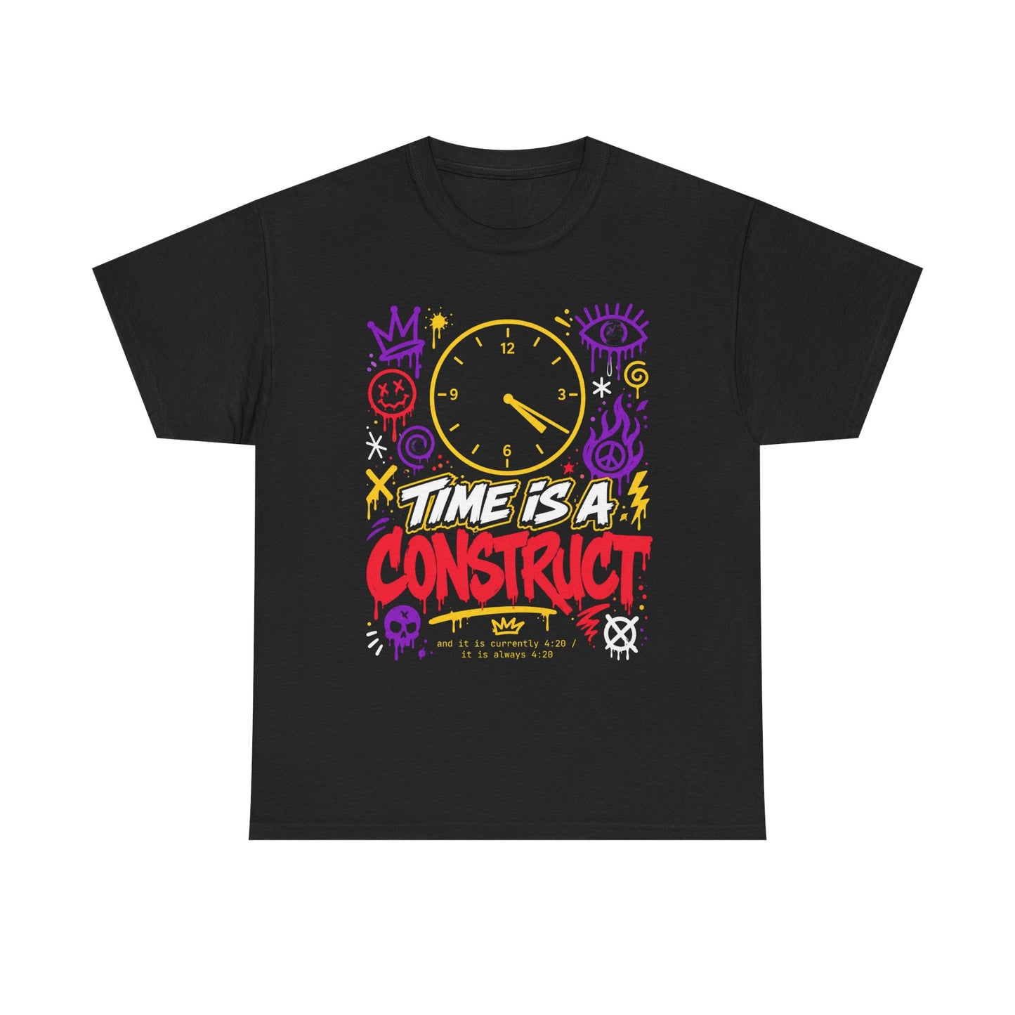 Funny Time Is a Construct Graphic Tee — Retro Neon Clock Streetwear
